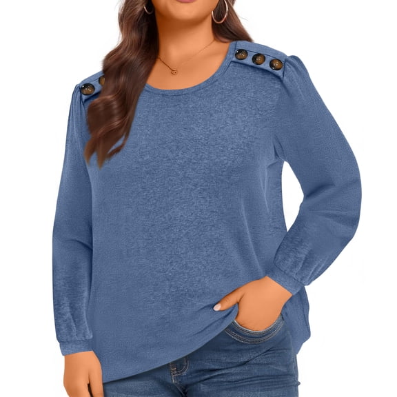 Ladies' Plus Size Elegant Long-Sleeve Top - Blue Solid Color, Decorative Buttons, Extra Oversized 3XL, Comfortable Fit, Size XXXL