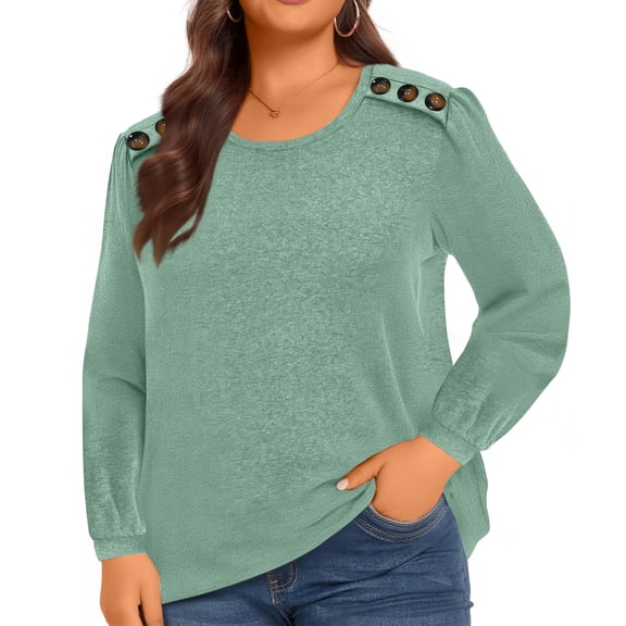 Ladies' Plus Size Elegant Long-Sleeve Top - Mint Green Solid Color, Button-Up Design, Soft Comfortable Fabric, Size L