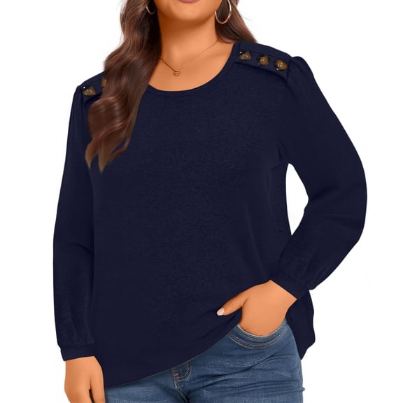 Ladies' Plus Size Elegant Long-Sleeve Top - Navy Blue Solid Color, Button-Up Design, Soft Comfortable Fabric, Size L
