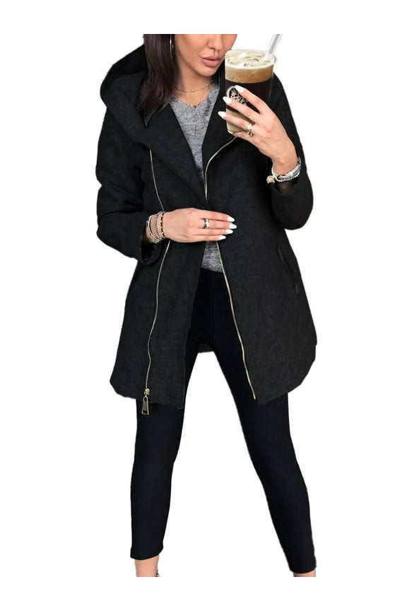 Ladies Plus Size Hooded Jacket Winter Warm Zipper Sweatshirts Mid-Length Solid Color Outwear Coat Parka for Womens Plus Hoodie Sweatshirts
