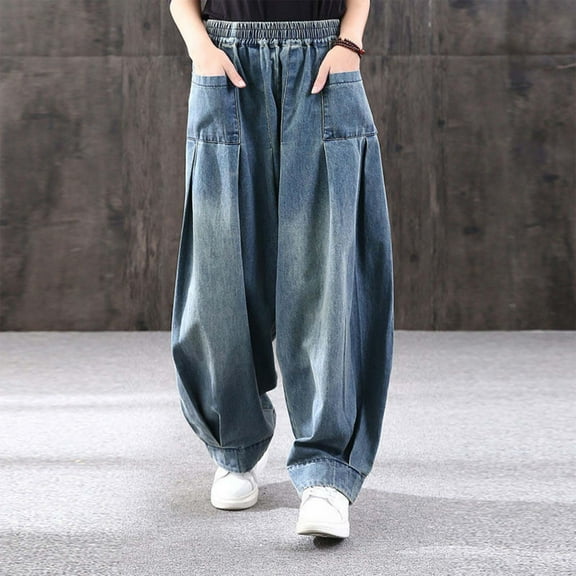 Ladies Plus Size Loose Harem Denim Pants Casual Comfortable Trousers Women plus Size Pants Elastic Waist Jean Women Pants Dorm Pant Cargo Jean Pants for Women Two Chicks Leggings on Pants on Pant