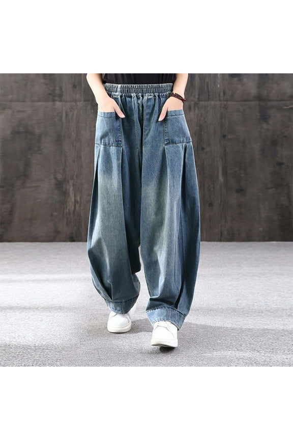 Ladies Plus Size Loose Harem Denim Pants Casual Comfortable Trousers Women plus Size Pants Elastic Waist Jean Women Pants Dorm Pant Cargo Jean Pants for Women Two Chicks Leggings on Pants on Pant
