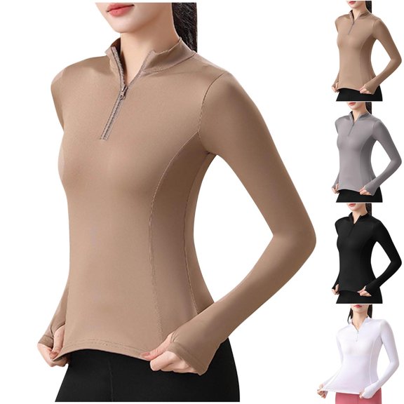 Ladies Plus Size Tank Tops Casual Oversize Solid Hooded Long Sleeved Crew-neck Khaki Casual Work Tops S-3XL