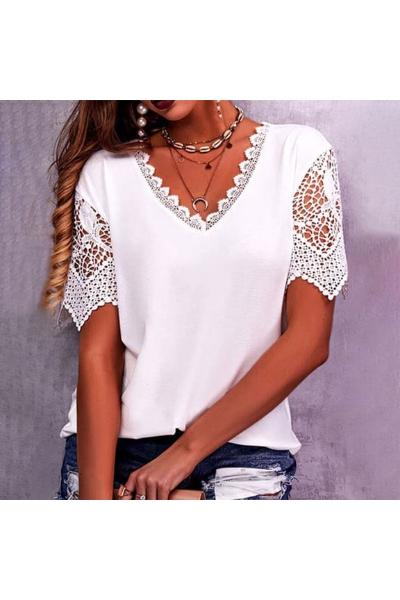 Ladies Plus Size Tops Tunic Blouse Tops Women Casual Solid Colour Tshirt Short Sleeve V Neck Tops Lace Stitching Pullover Blouse T-Shirt Tops Tops Long Tops Baggy Tee Shirts