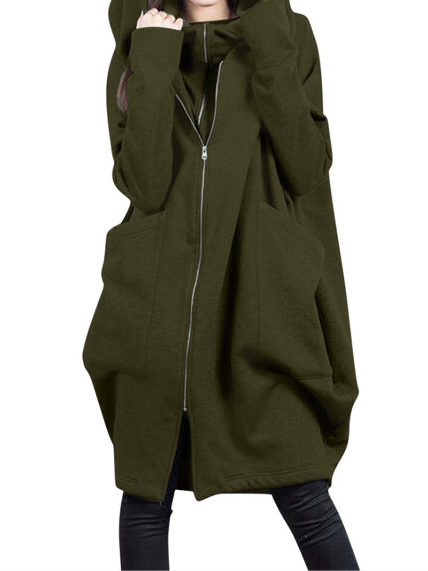 Ladies Plus Size Zipper Hoodies Mid-Length Loose Coat Casual Pocket Jackets Women Autumn Baggy Warm Overcoat Office Working Lounge Wear Women Plus Parkas Coats Anoraks - image 1 of 4