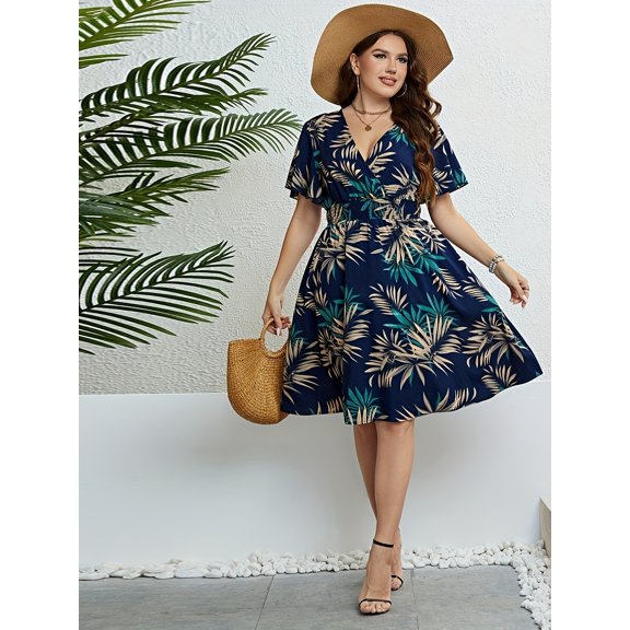 Ladies Plus-size Casual Boho Print Summer V-neck Dress With Waist Slimming Dress Suitable For Spring And Summer, Elegant Temperament, Local Warehouse, Ladies Gift, Black Five