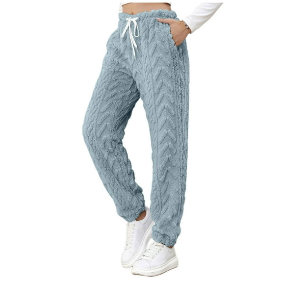 Ladies Plush Warm Thermal Pants Lace-up High Waist Jogger Trousers Pockets Fluffy Fleece Sweatpants Pajama Bottoms (Medium, Blue 03)