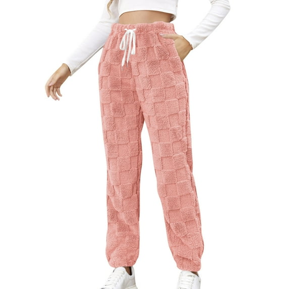 Ladies Plush Warm Thermal Pants Lace-up High Waist Jogger Trousers Pockets Fluffy Fleece Sweatpants Pajama Bottoms (Medium, Pink 01)