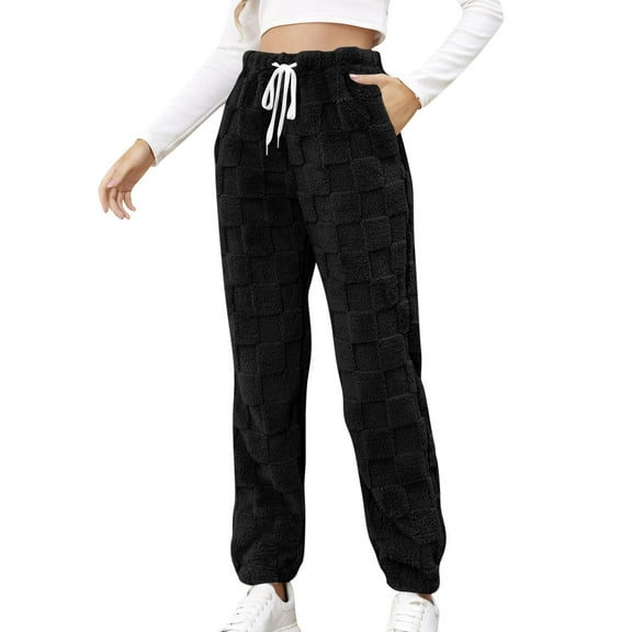Ladies Plush Warm Thermal Pants Lace-up High Waist Jogger Trousers Pockets Fluffy Fleece Sweatpants Pajama Bottoms (X-Large, Black 01)