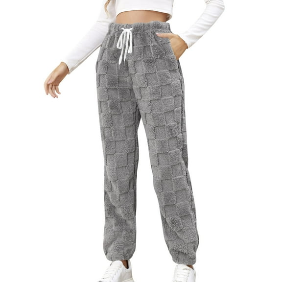 Ladies Plush Warm Thermal Pants Lace-up High Waist Jogger Trousers Pockets Fluffy Fleece Sweatpants Pajama Bottoms (X-Large, Gray 01)