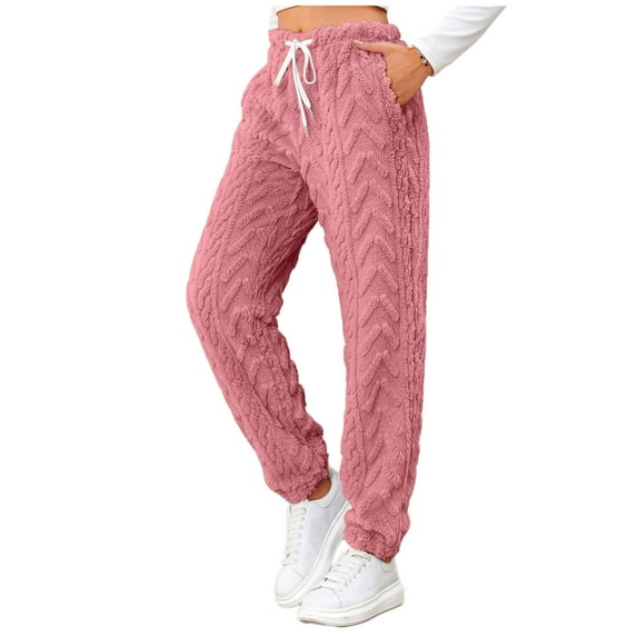 Ladies Plush Warm Thermal Pants Lace-up High Waist Jogger Trousers Pockets Fluffy Fleece Sweatpants Pajama Bottoms (X-Large, Pink 03)