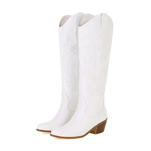 Ladies' Pointed Toe Knee High Riding Boots, Chunky Heel, Embroidered Detail, White
