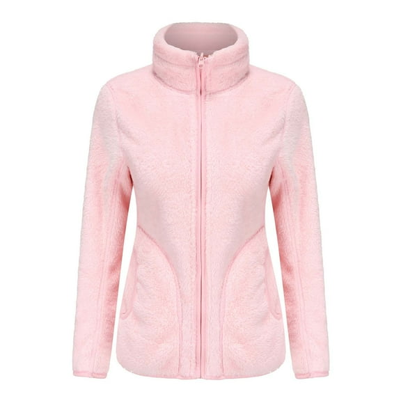 Ladies Polar Fleece Full-Zip Jacket Mock Neck Elastic Cuffs Keep Warm Winter Coats Solid Casual Windproof Outwear