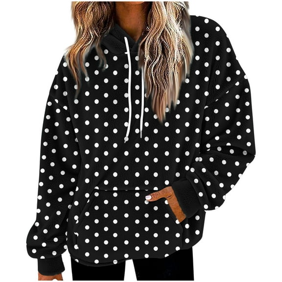 Ladies Polka Dot Hoodie Warmth Plush Hooded Sweatshirt Fashion Loose Casual Long Sleeve Top Drop Shoulder Pullover Pocket Sweatshirt Top 2025 Fall Winter Clothes