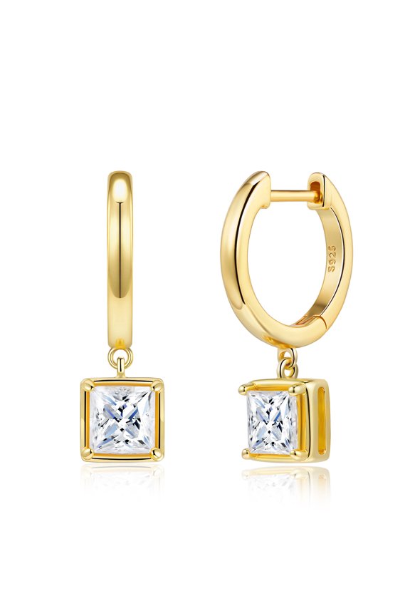 Ladies Princess Cut Moissanite Square Dangle Hoop Earrings 925 Sterling Silver 18K Gold Plated Elegant D Color VVS1 Moissanite Geometric Pendant Earrings for Women Wedding