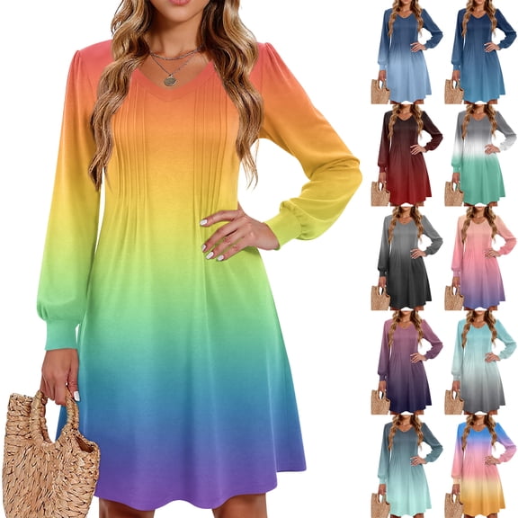 Ladies' Printed Casual Fashion V-Neck Long Sleeve Mid Length Dress with Gradient Print for Spring and Autumn Style,Multicolor,M