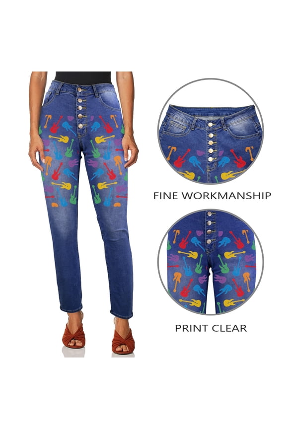 Ladies Printed Jeans - Guitars Color Women's Jeans (Front Printing) - 2XL