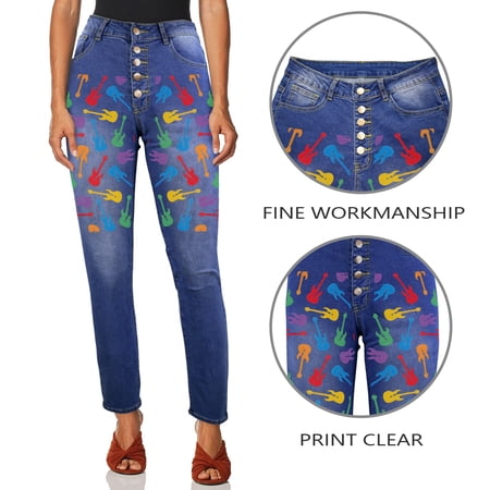 Ladies Printed Jeans - Guitars Color Women's Jeans (Front Printing) - S