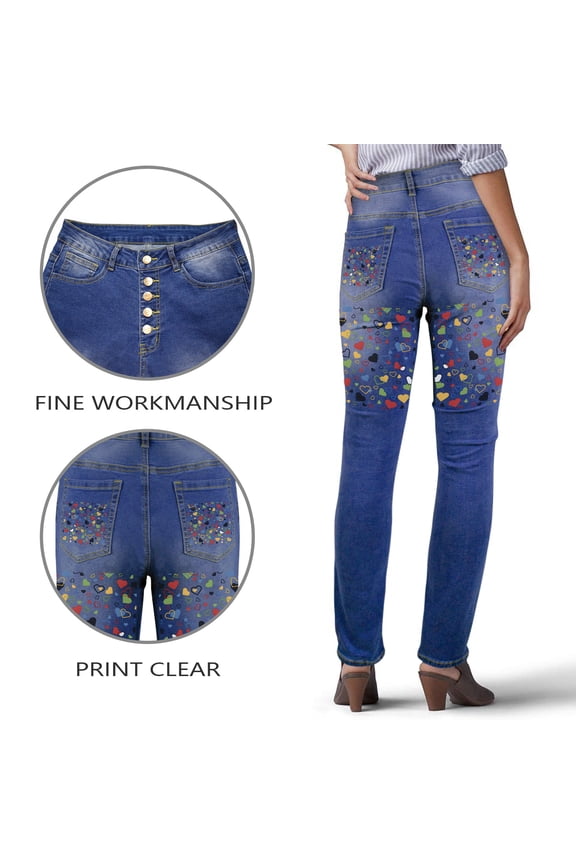 Ladies Printed Jeans - Hollow Hearts Women's Jeans (Back Printing) - M