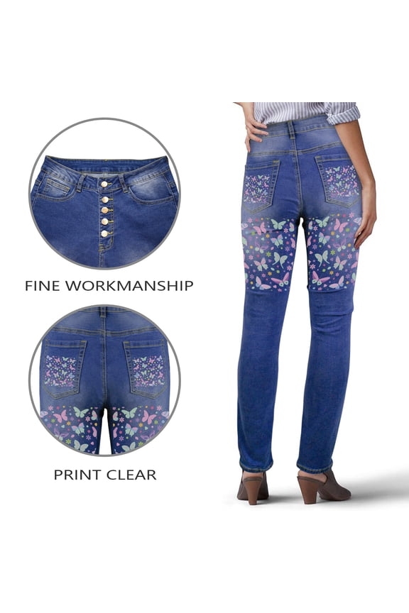 Ladies Printed Jeans - Pastel Butterfly Women's Jeans (Back Printing) - XL