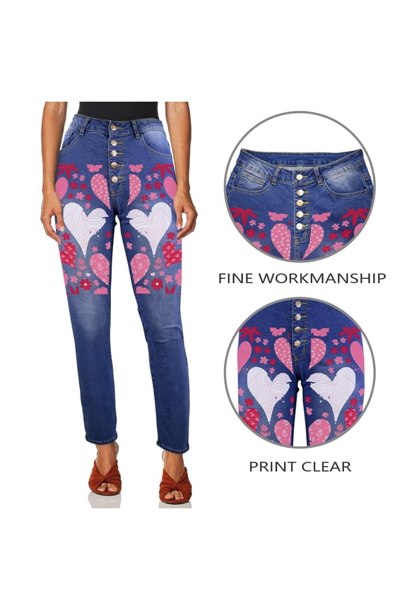 Ladies Printed Jeans - Textured Hearts Women's Jeans (Front Printing) - L