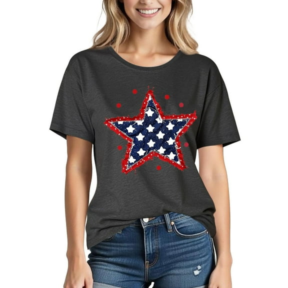 Ladies Printed Tee Shirts Short Sleeve Short Sleeve T Shirts for Women Cute Flag Graphic Tees Casual Loose Crew Neck Short Sleeve Summer Tops New Black M