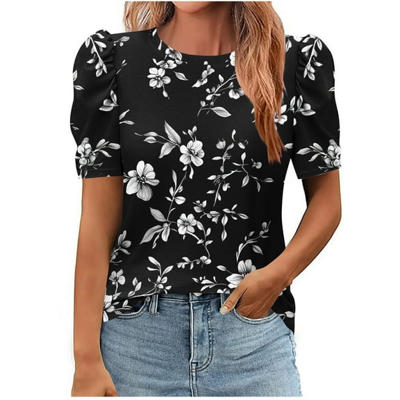 Ladies Puff Sleeve Tops Trendy Floral Printed Crew Neck Short Sleeve Shirts Summer Dressy Casual Business Blouses (S, Multicolor 5)
