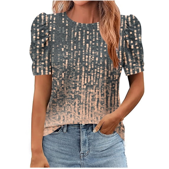 Ladies Puff Sleeve Tops Trendy Floral Printed Crew Neck Short Sleeve Shirts Summer Dressy Casual Business Blouses (XL, Multicolor 3)
