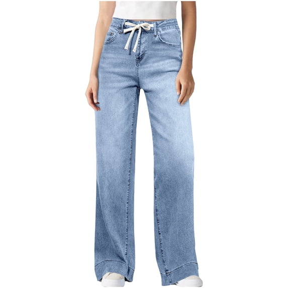 Ladies Pull on Wide Leg Jeans High Waist Elastic Straight Loose Drawstring Denim Pants Sky Blue XL