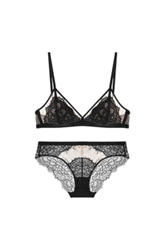 Ladies Push up Wireless Bra Women Lace Bras with Briefs Underwear Set Ladies Underwire Bra Black M