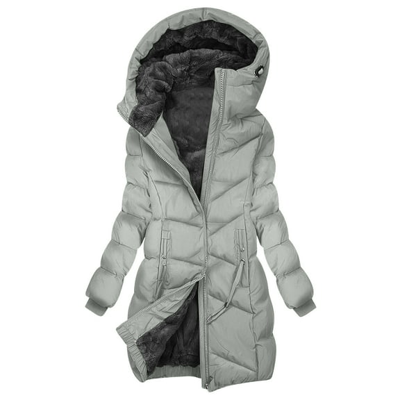 Ladies Quilted Long Puffer Jackets Sherpa Lined Winter Thick Warm Down Hooded Coat Parkas with Zipper Pockets (L, Gray)