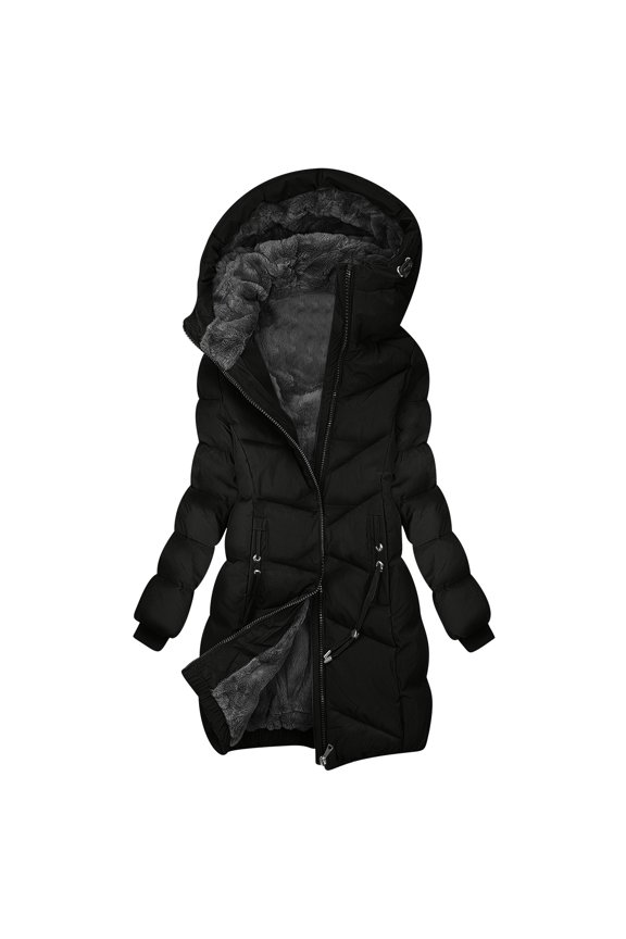 Ladies Quilted Long Puffer Jackets Sherpa Lined Winter Thick Warm Down Hooded Coat Parkas with Zipper Pockets (S, Black)