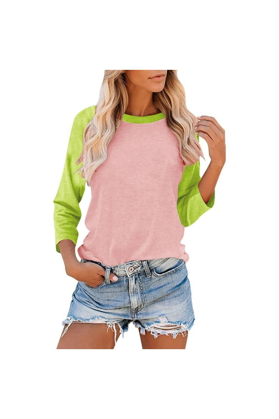 Ladies Raglan Tops Women 3/4 Sleeve Baseball Tee, Color Block T-Shirts, Cute Crewneck Raglan Tees Athletic Lightweight Blouses for Teens XL