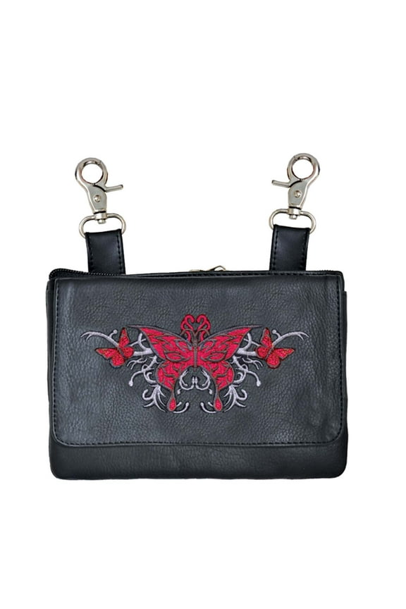 Ladies Red Tribal Embroidered Butterfly Black Leather Clip Belt Hip Fanny Bag Purse