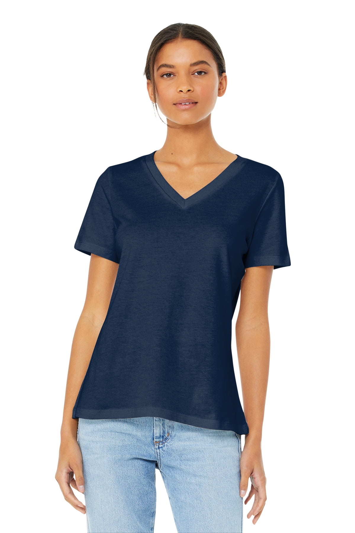 Bella + Canvas Ladies' Relaxed Fit V-Neck T-Shirt – Heather Navy, Size L, 52% Cotton 48% Polyester