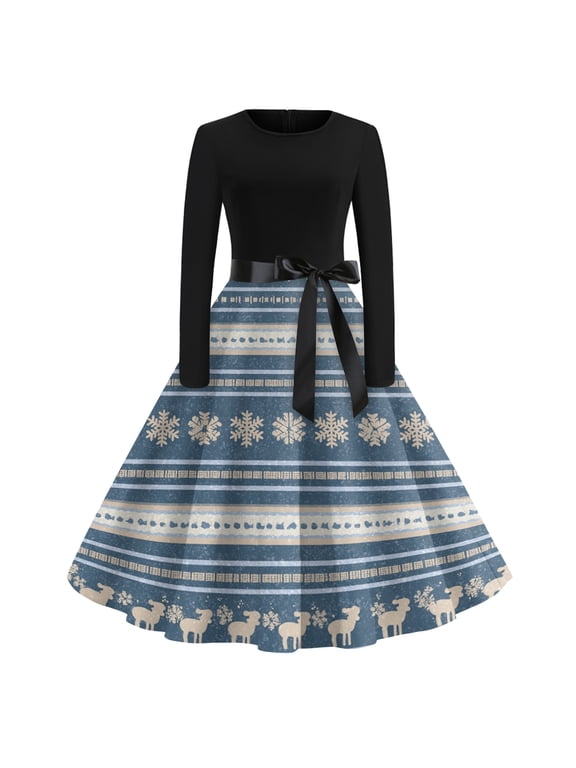 Ladies Retro Christmas Patchwork Swing Dress Long Sleeve Round Neck High Waist Holiday Dress