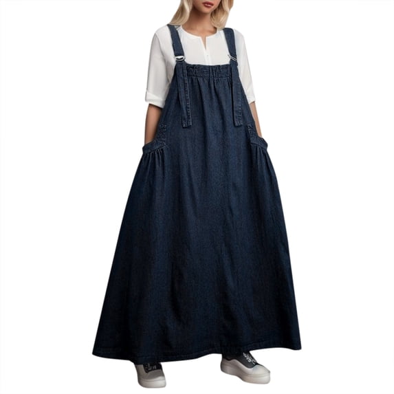 Ladies Retro Denim Suspender Skirt - Loose Slim Long Swing Dress - Spring/Summer/Auto Wear