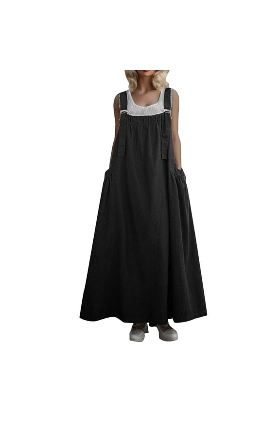 Ladies Retro Denim Suspender Skirt - Loose Slim Long Swing Dress - Work/Beach Outings