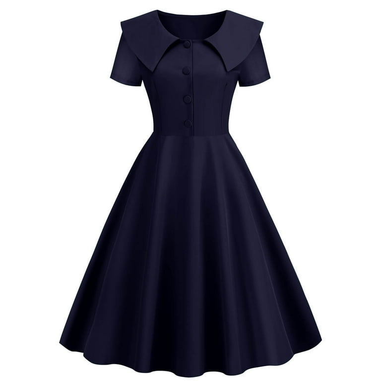 Elegant Solid Color Buttons Patchwork O Neck A Line Dresses