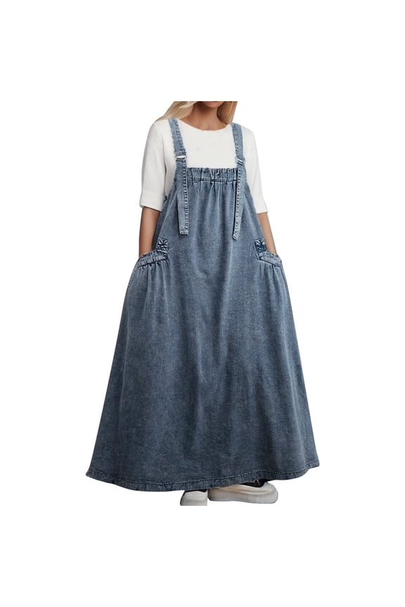 Ladies Retro Loose Slim Denim Suspender Skirt Dress - Polyester-Cotton, Long Swing Style, Suitable for All Seasons