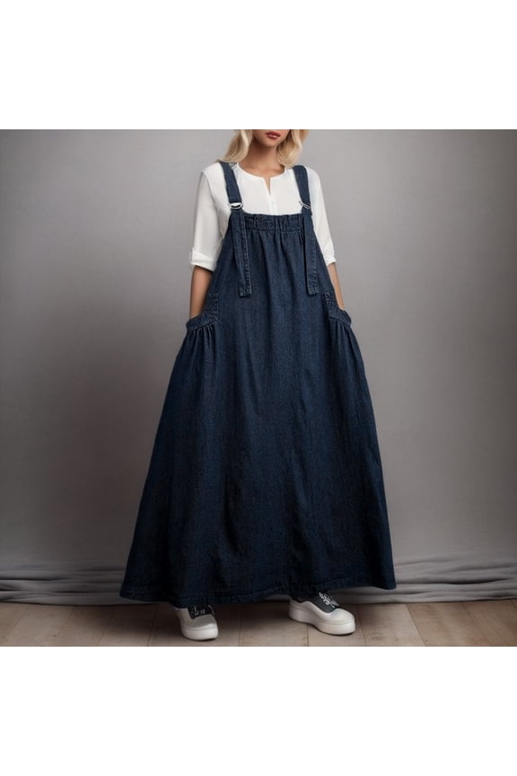 Ladies Retro Loose Slim Denim Suspender Skirt Long Swing Dress Petite Maxi Dresses Womens Dresses Maxi Long Maxi Dresses for Women Summer Dress with Belt Summer Dresses with Sleeve Cute Long Dresses