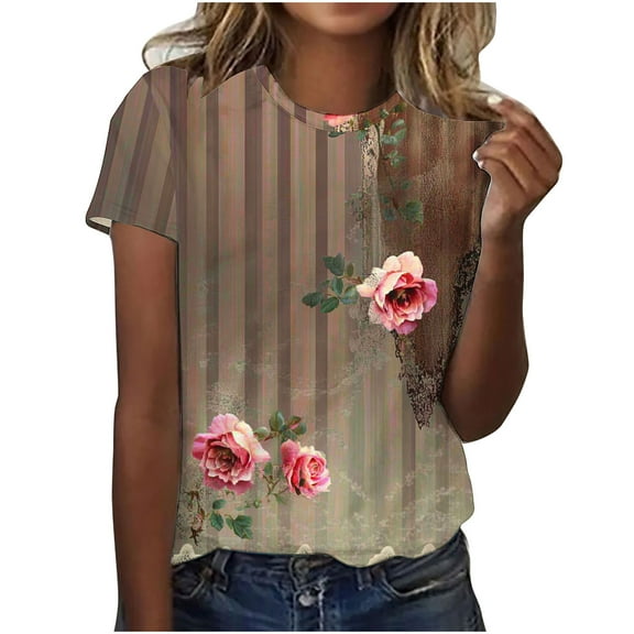 Ladies Retro Tee Round Neck Tops Floral Printed T-Shirts Tunic Slim Fits Blouses Women's Casual Comfortable Outwear Classic Trendy Shirts
