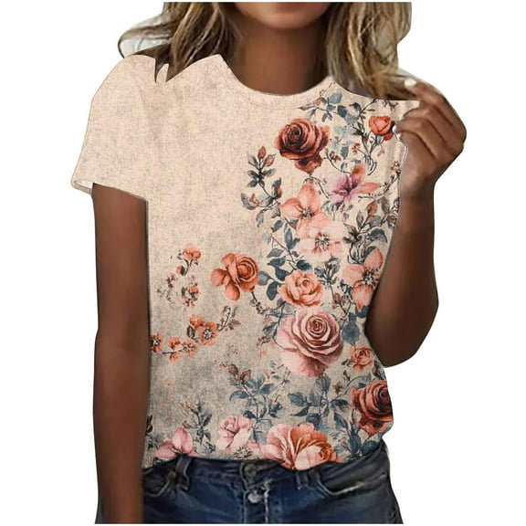 Ladies Retro Tee Round Neck Tops Floral Printed T-Shirts Tunic Slim Fits Blouses Women's Casual Comfortable Outwear Classic Trendy Shirts