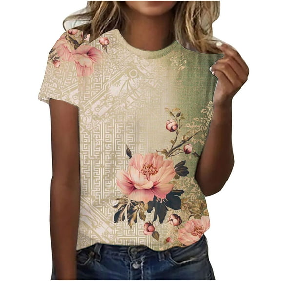 Ladies Retro Tee Round Neck Tops Floral Printed T-Shirts Tunic Slim Fits Blouses Women's Casual Comfortable Outwear Classic Trendy Shirts
