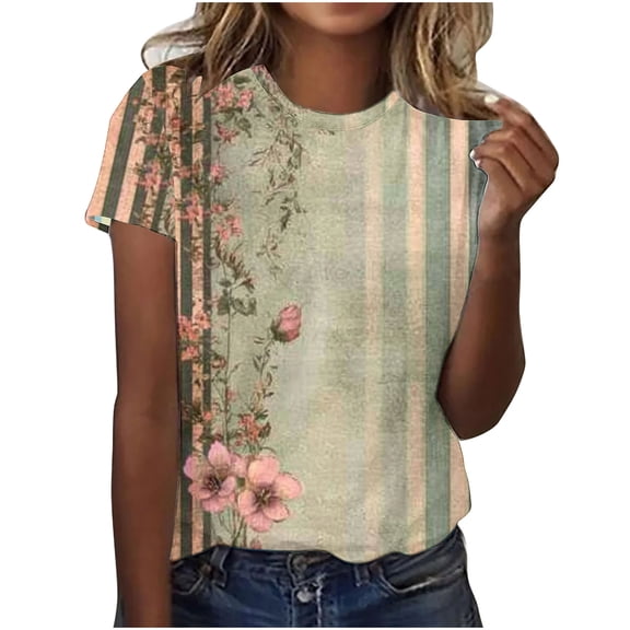 Ladies Retro Tee Round Neck Tops Floral Printed T-Shirts Tunic Slim Fits Blouses Women's Casual Comfortable Outwear Classic Trendy Shirts