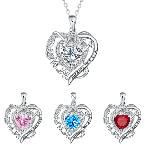 Ladies' Rhodium-Plated Heart Pendant Necklace with Simulated Diamonds