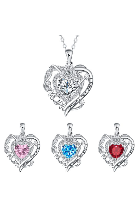 Ladies' Rhodium-Plated Heart Pendant Necklace with Simulated Diamonds