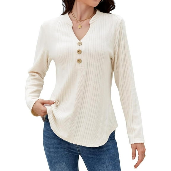 Ladies’ Ribbed Knit Long Sleeve Pullover Shirt – Solid Color V Neck Button Casual Top, Soft Lightweight Polyester Blouse White