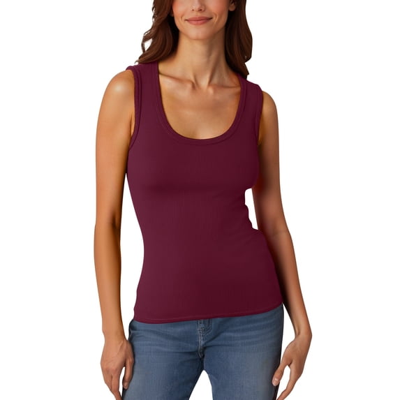 Ladies Ribbed Knit Sleeveless Tank Top Low Round Neck Elastic Form Fitting Casual Basic Vest Shirt