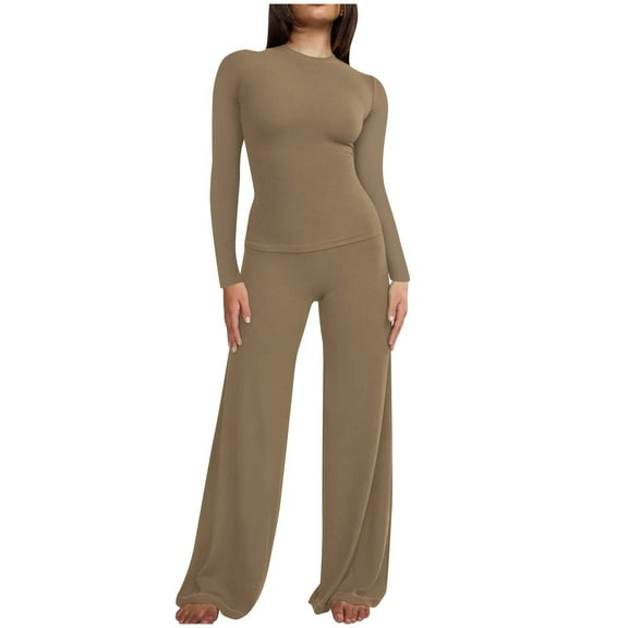 Ladies Ribbed Knit Two Piece Pants Sets Slim Fit Long Sleeve High Neck Tops and Wide Leg Flare Pant Lounge Pajama Set (2XL, Khaki)